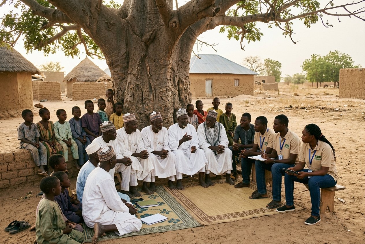 Community entry consultation with elders, youth and field team under a baobab tree in Kano State