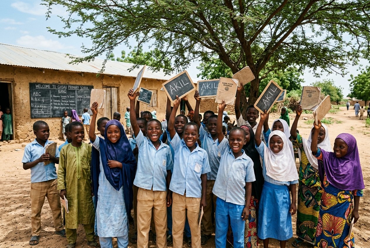 Primary school children in Kano community smiling with their lesson slates